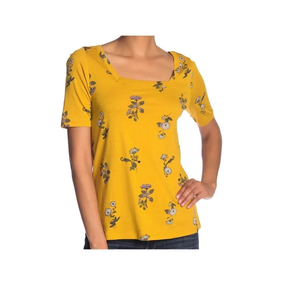 NEW Susina Women's Size Small Square Neck Falling Bouquets Yellow Floral Top